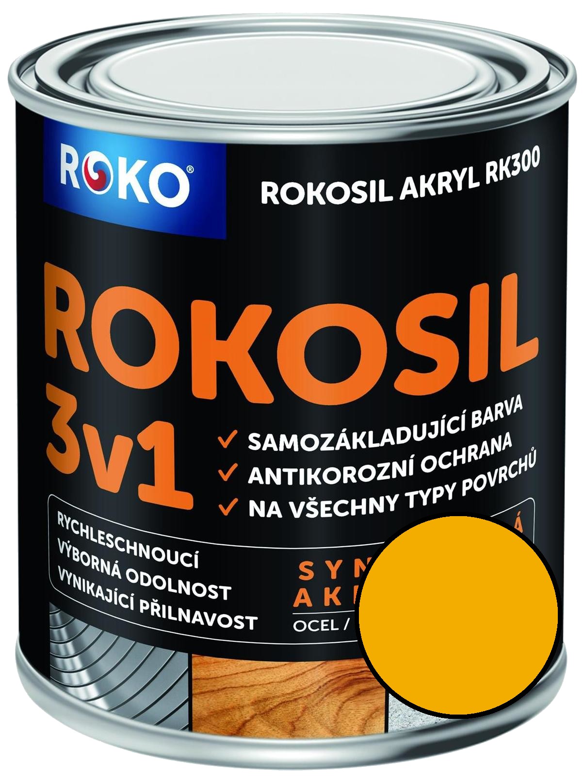 Barva samozákladující Rokosil akryl 3v1 RK 300 žlutá ch. 0