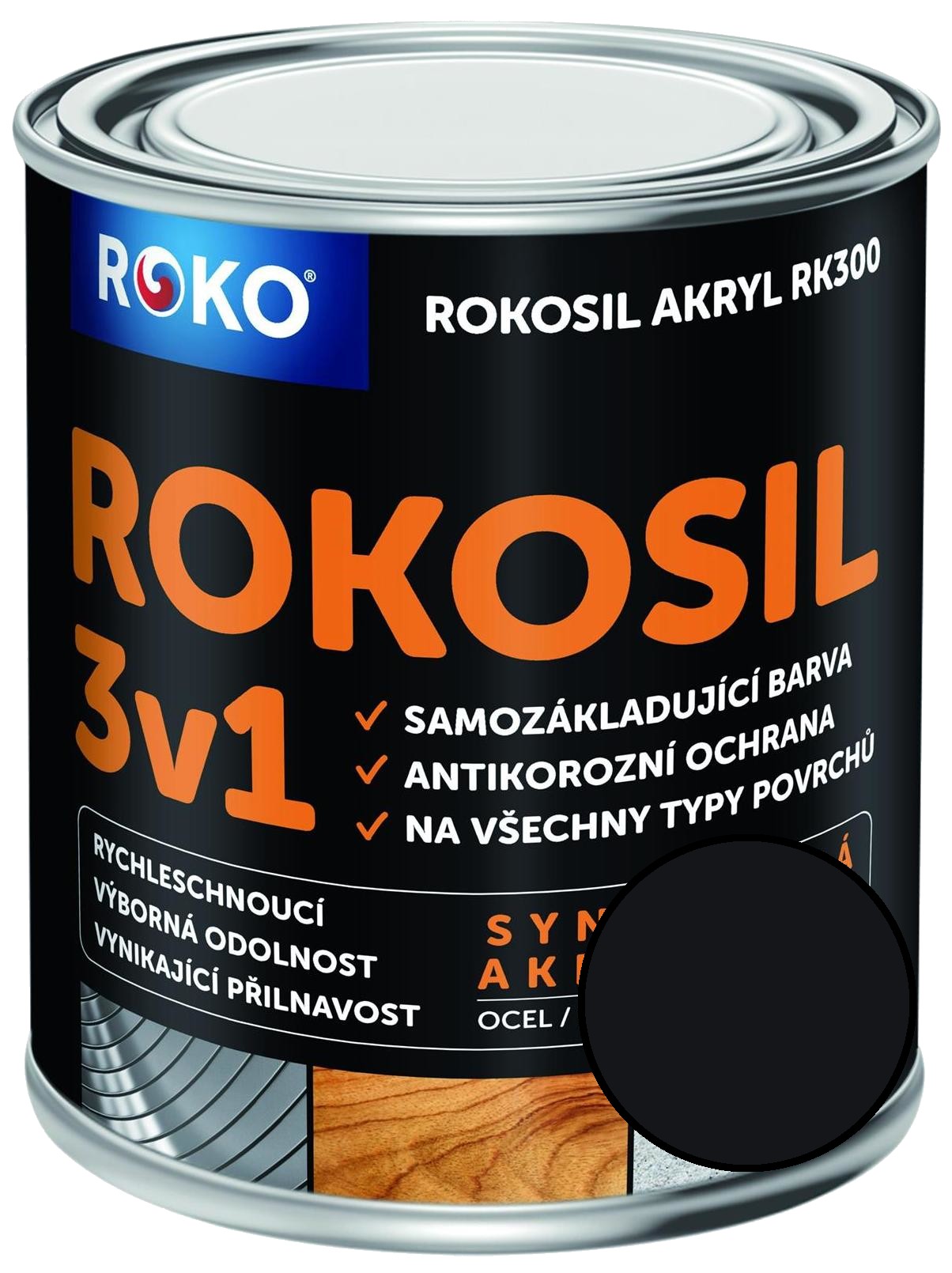 Barva samozákladující Rokosil akryl 3v1 RK 300 černá 0