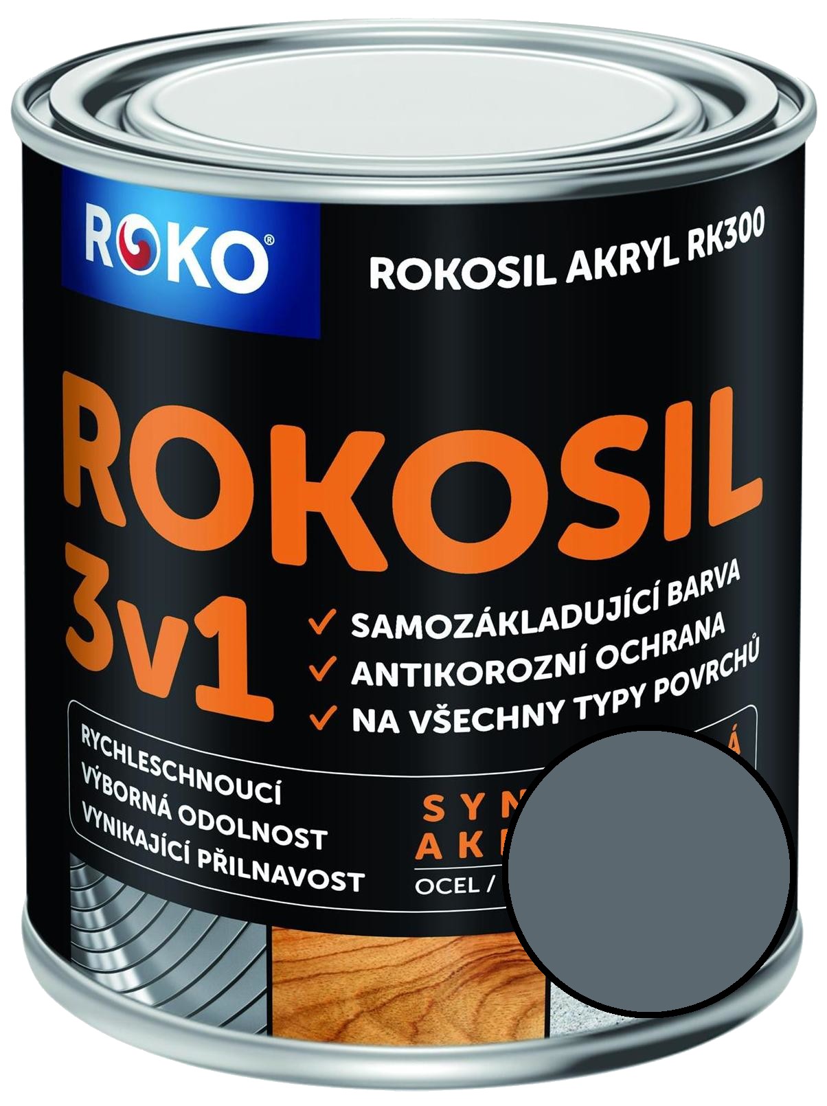 Barva samozákladující Rokosil akryl 3v1 RK 300 šedá stř. 0