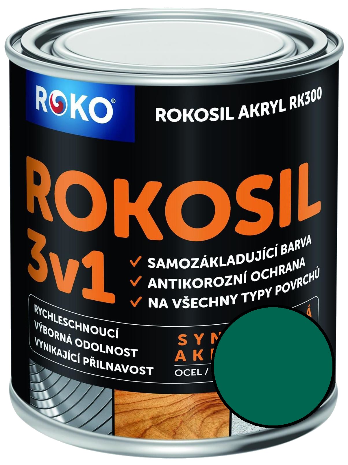 Barva samozákladující Rokosil akryl 3v1 RK 300 zelená tm. 0