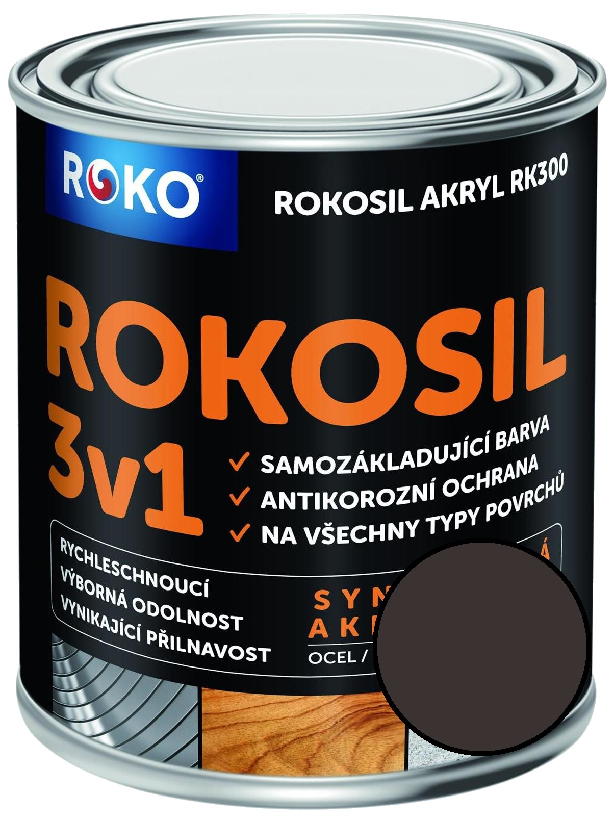 Barva samozákladující Rokosil akryl 3v1 RK 300 hnědá kaš. 0