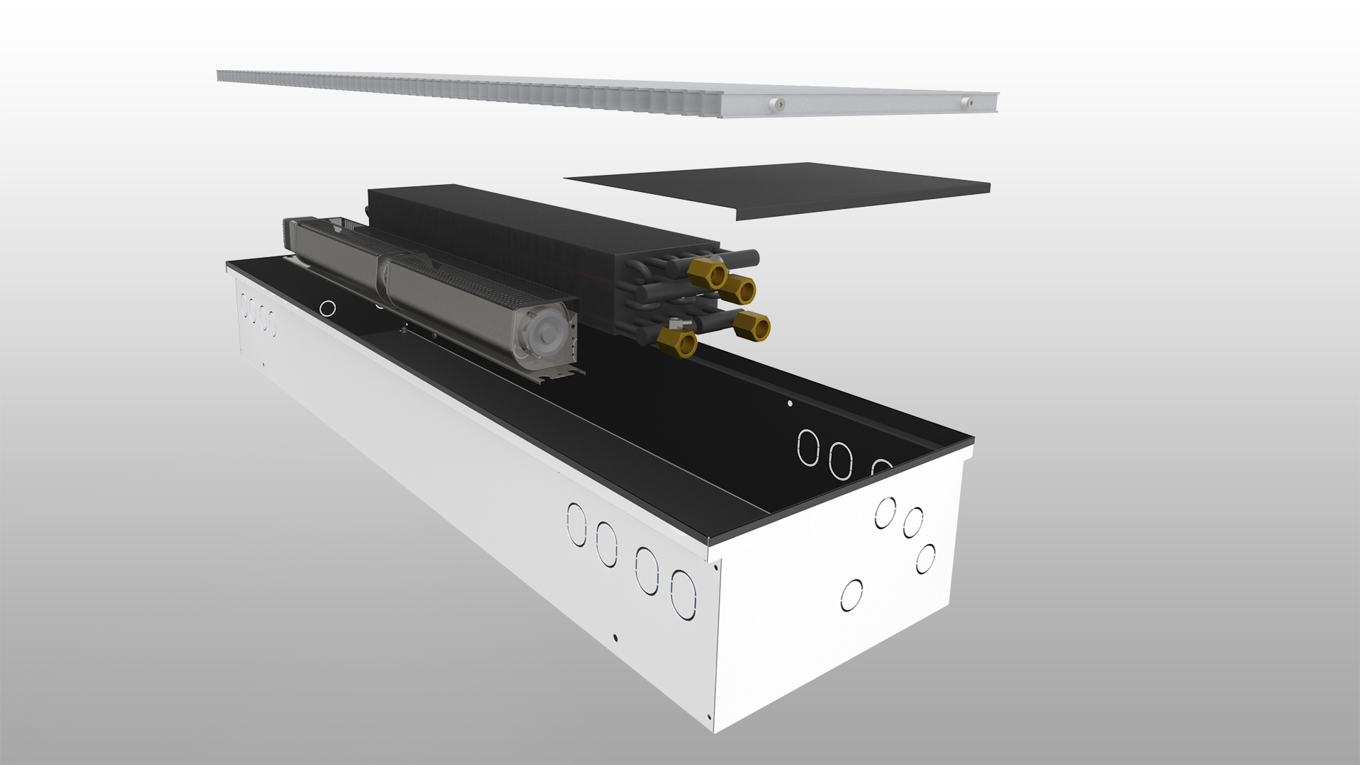 Konvektor podlahový Boki InFloor F2C 340×850×170 mm s ventilátorem 24 V DC a chlazením BOKI