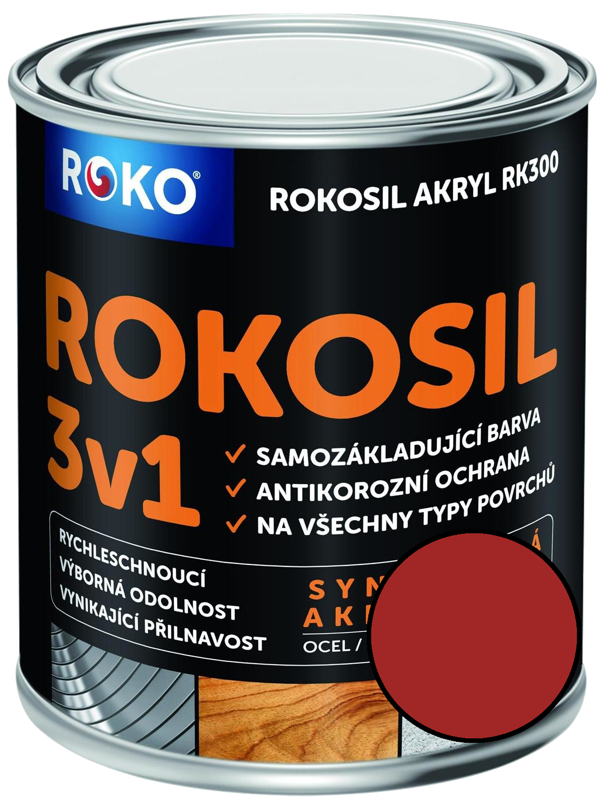 Barva samozákladující Rokosil akryl 3v1 RK 300 8190 červená tmavá