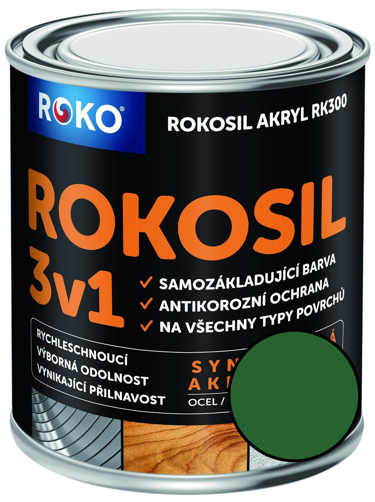 Barva samozákladující Rokosil akryl 3v1 RK 300 5300 zelená střední